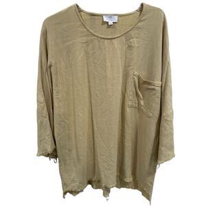 P. Cill Women's Vintage Beige Long Sleeve Blouse L‎ Round Neck Frayed Hem